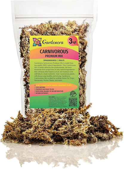 GARDENERA Sphagnum Moss Potting Mix for Carnivorous Plants, Moss and Perlite Blend for Potting Venus Fly Traps, Sarracenia, Pitcher Plants - 75% Sphagnum Moss + 25% Perlite - Made in USA - 3 Quart
