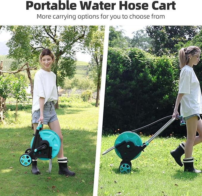 Garden Hose Reel for Outside,Hold Up to 100 ft of 5/8’’ Hose,Portable Hose Reel Cart with Adjustable Armrests and 2 Wheels,Durable Water Hose Holder for Garden, Yard, Lawn
