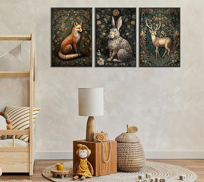 3Pcs Forest Animal Wall Art Fox Rabbit Deer Painting Pictures Wall Decor Wildlife Animal Posters Prints Dark Gothic Botanical Floral Artwork for Office Bedroom Home Decoration 16x24in