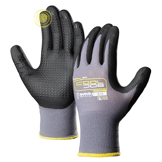COOLJOB 6 Pairs Nitrile Rubber Dipped Safety Work Gloves with Grip Dots, Seamless Knit Nylon Gloves with 2 Fingers Touchscreen, Non-slip Coated for Warehouse, Home Improvement, Yard, Grey Small