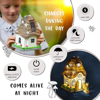 WILD PIXY Fairy Garden House - Glow in The Dark Fairy Cottage with Opening Door and Solar LED Light, Beautiful Miniature Garden Decoration for Indoor or Outdoor Fairy Gardens - 7.1" Fairy House