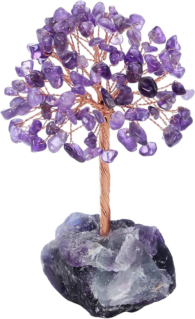 Jovivi Natural Amethyst Crystal Tree, Raw Healing Crystals Fluorite Base Bonsai Money Tree for Home Office Table Decor Wealth and Luck