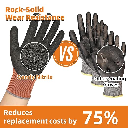 Schwer 6 Pairs Safety Work Gloves Sandy Nitrile Coated LT5626, Max Abrasion Resistant Heavy Duty Working Gloves with Grip for Men Women, Touch-Screen, for General Use, Mechanic, Construction, M