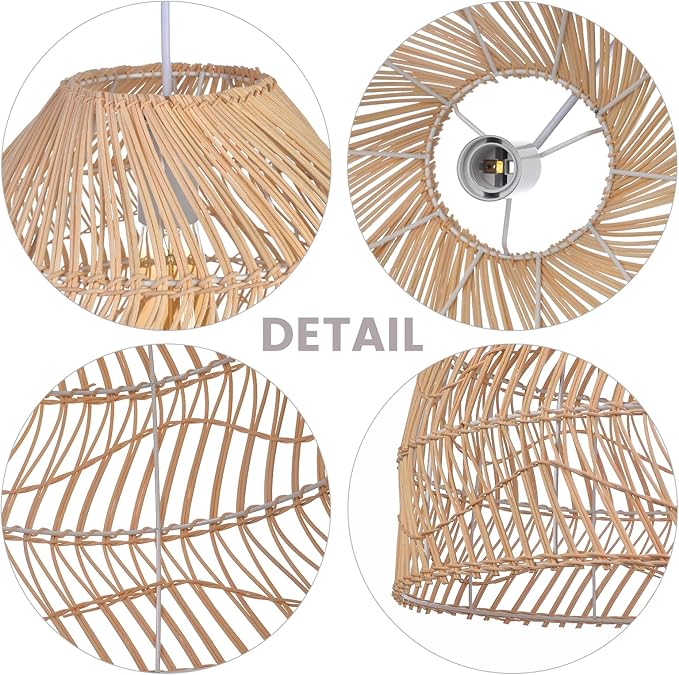 Arturesthome Rattan Pendant Light Fixture,Wicker Chandelier Boho Basket Ceiling Lighting,Natural Woven Hanging Lamp for Kitchen Island11.8 * 11.8"