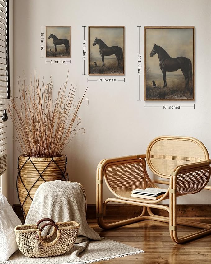 ZZLWBKGL Vintage Horse Framed Wall Art Farmhouse Animal Canvas Wall Art Horse Dog Pictures Wall Decor Rustic Art Prints for Living Room Bedroom Study