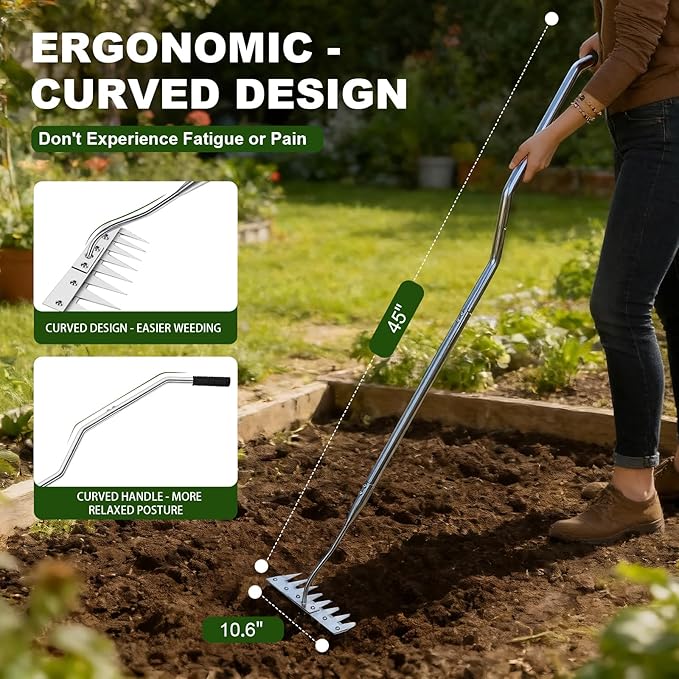 Weeding Rake Heavy Duty w 45’’ Ergonomic Curved Handle, 2026 Upgraded 8 Teeth Stainless Steel Weed Puller Tool w Weeding Blade, Cultivator Rake Gardening Tools for Yard, Flower Beds & Loosening Soil