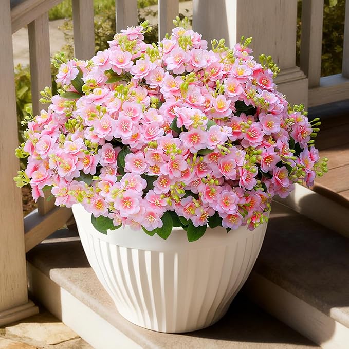 alyptus Artificial Flowers for Outdoors, 12 Bundles UV Resistant Spring Fake Flowers for Porch, Patio & Garden Decor – Realistic Outdoor Fake Plants with Lasting Color - Pink