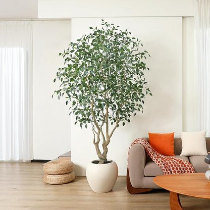 Ficus Tree Artificial Indoor, 8 Feet Tall Faux Ficus Tree with Round Artisan Planter, Premium Handmade, Realistic Trunk & Lifelike Leaves, Perfect for Large Spaces & Elegant Home/Office Decor