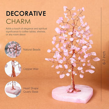 Crocon Crystals Tree Rose Quartz Healing Stones Reiki Crystals Heart Base Spiritual Meditation Energy Home Room Office Desk Decor Pink Gifts for Women Men & Mom Birthday Present