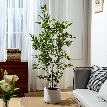 Artificial Ficus Tree Indoor 5ft, Large Potted Faux Tree with Realistic Silk Leaves & Trunk for Home Office, Living Room Corner Decor