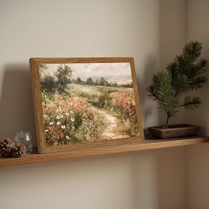 Wojuin Framed Vintage Cottagecore Canvas Wall Art, Landscape Nature Country Wildflower Wall Decor, Farmhouse Modern Rustic Fall Flower Artwork Prints for Living Room Bedroom Bathroom Office 8x10 in
