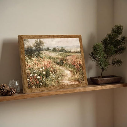 Wojuin Framed Vintage Cottagecore Canvas Wall Art, Landscape Nature Country Wildflower Wall Decor, Farmhouse Modern Rustic Fall Flower Artwork Prints for Living Room Bedroom Bathroom Office 8x10 in