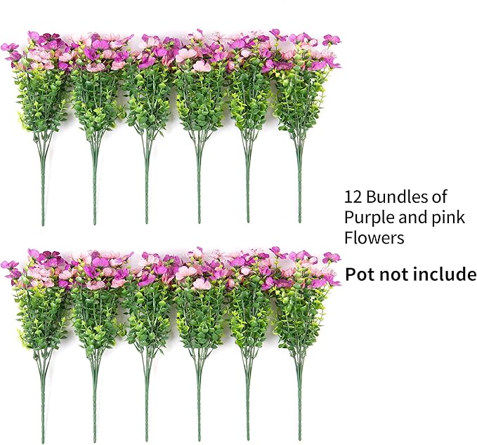Artificial Fake Mums Flowers for Outdoor Fall Decor, 12 Bundles Faux Silk Daisy Plants for Planter Pot Colorful UV Resistant Look Real for Front Door Porch Patio Outside Yard(Purple Pink)