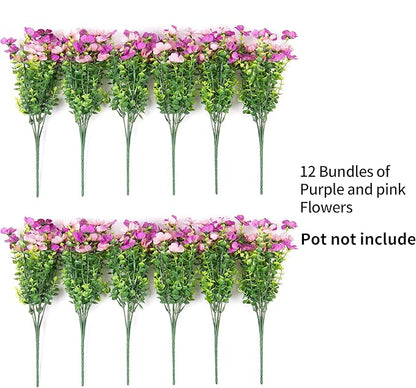 Artificial Fake Mums Flowers for Outdoor Fall Decor, 12 Bundles Faux Silk Daisy Plants for Planter Pot Colorful UV Resistant Look Real for Front Door Porch Patio Outside Yard(Purple Pink)