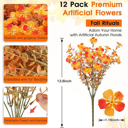 12 Bundles UV Resistant Fake Mums, Fall Flowers Artificial for Decoration, Fake Plants Autumn Silk Flowers for Thanksgiving Fall Decor Halloween Outdoor Patio Table Centerpiece Porch Wedding Garden