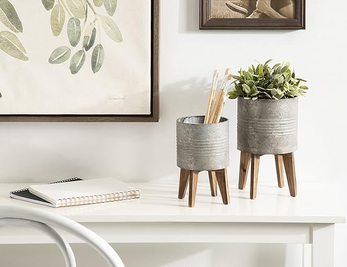 Kate and Laurel Gavri Farmhouse Galvanized Metal and Wood Tabletop Planter Set, 2 Piece, Decorative Metal Planter Centerpiece for Table