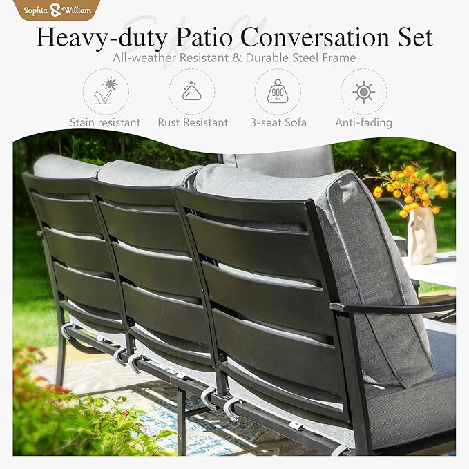 Sophia & William Patio Furniture Sets for 5 Outdoor Metal Conversation Sets 5 Pcs with 2 x Cushioned Swivel Sofa Chairs, 2 x Ottomans as Coffee Table, 1 x 3-Seat Sofa, Lawn Backyard Poolside Grey