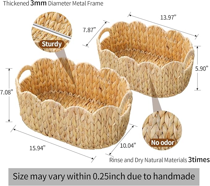 Scalloped Basket,Water Hyacinth Basket for Organizing and Decor,Hand-Woven Rattan Baskets with Built-In Handles for Living Room,Bedroom,Laundry,2 Pack