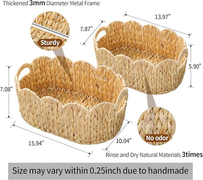 Scalloped Basket,Water Hyacinth Basket for Organizing and Decor,Hand-Woven Rattan Baskets with Built-In Handles for Living Room,Bedroom,Laundry,2 Pack