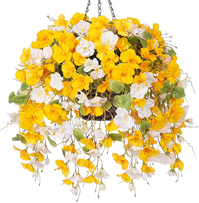 HyeFlora Artificial Fake Hanging Flower Plants Basket for Outdoors Decoration, Faux Silk Hibiscus Long Vines in Planter UV Resistant Realistic Flowers for Outside Patio Porch Home Decor (YellowWhite)