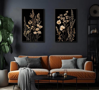 2Psc Dark Botanical Wall Art Vintage Black Flower Painting Picture Wall Decor Moody Flower Poster Print Artwork for Living Room Bedroom or Office Home Decoration 12x16 Inch