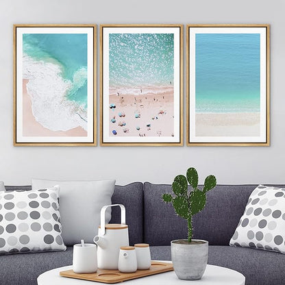 Ashbrook Framed Wall Art Print Set Aerial View Nautical Beach Ocean Wave View Nature Wilderness Photography Modern Art Scenic Colorful Chic for Living Room, Bedroom, Office - 16"x24"x3 Natural