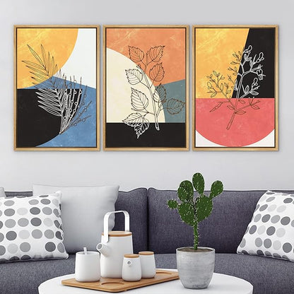 Ashbrook Framed Wall Art Print Set Geometric Mid-Century Color Block Plant Silhouettes Abstract Nature Illustrations Modern Art Boho Colorful for Living Room, Bedroom, Office - 24"x36"x3 Natural