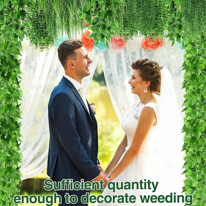 12 Pcs Artificial Hanging Plants Fake Hanging Ferns Plastic Faux Plants for Wall Room Garden Garland Indoor Outdoor Decor No Basket (Boston,Eucalyptus,Ivy Vine,String of Pearls)