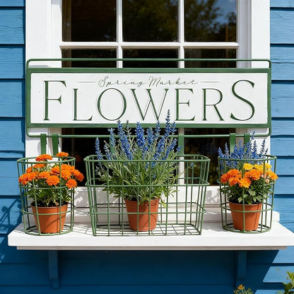 Rustic Spring Market Flowers Wall Planter Set, Farmhouse Metal Hanging Planter with 3 Baskets, Decorative Indoor Outdoor Plant Holder for Succulents, Herbs (Flowers)