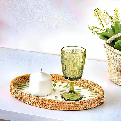 i-lan Set of 3 Oval Rattan Serving Trays with Mother of Pearl Inlay, 13" 12" 11" Woven Platters for Home Decor, Coffee Table, Vanity & Display