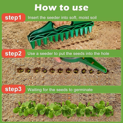 12-Hole Seed Planter Tool Kit – Adjustable 5-Speed Handheld Seed Spreader, Soil Punch & Spacer for Planting Small Seeds, ABS Gardening Tools (4-Piece Set: Digger, Rake, Planter, Transplanter)