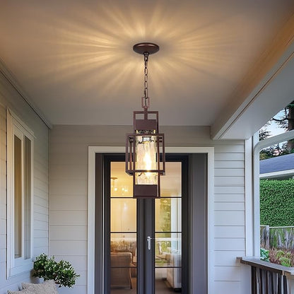 15" Outdoor Indoor Pendant Light Exterior Hanging Lantern, Modern Metal Outside Chandelier Light Fixture Ceiling Mount with Water Glass for Front Porch Entrance Foyer Entryway, Oil Rubbed Bronze