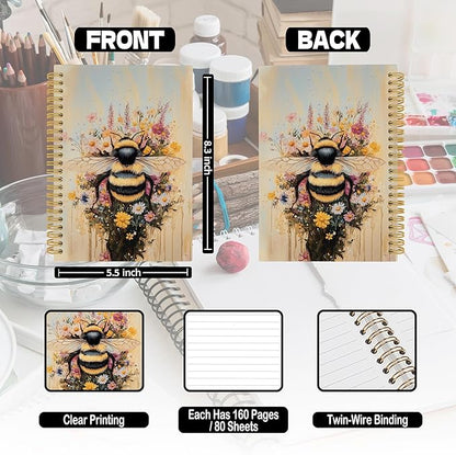 Vintage Bee Spiral Notebook, Retro Animal Bumble Honeybee Journaling Notebooks Gift for Teacher Student Women, Spring Flower Plant Hardcover Journals for School Office, 160 Pages 5.5 x 8.3 Inch