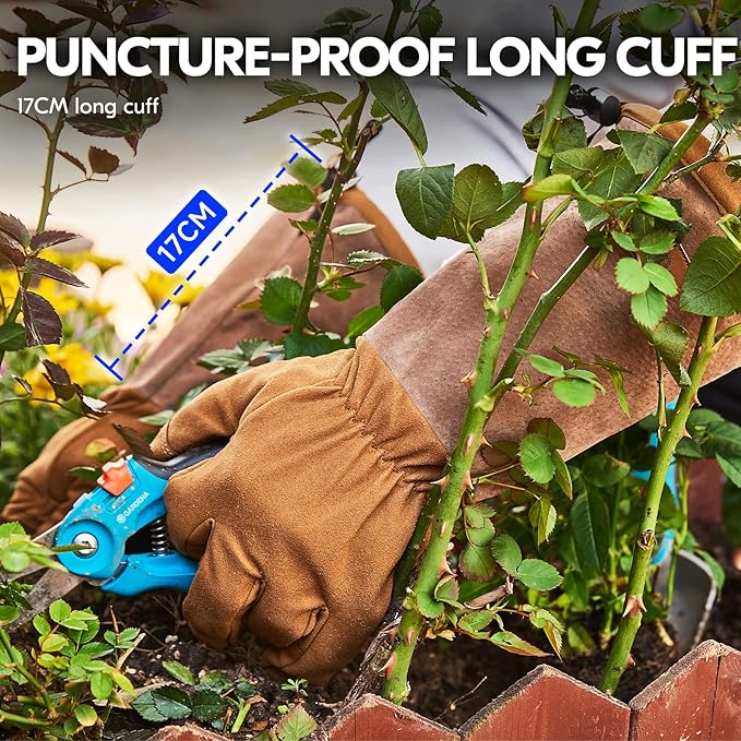 Vgo... Men's Extra-Long Leather Gardening Gloves, Gauntlet with Adjustable Cuff, Puncture & Thorn Proof, Touchscreen (SL6592)