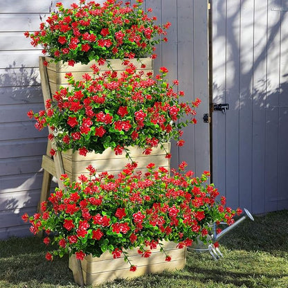 10 Bundles Artificial Fake Flowers, Faux Outdoor Plastic Plants UV Resistant Shrubs Outside Indoor Decorations (Red-Eucalyptus)