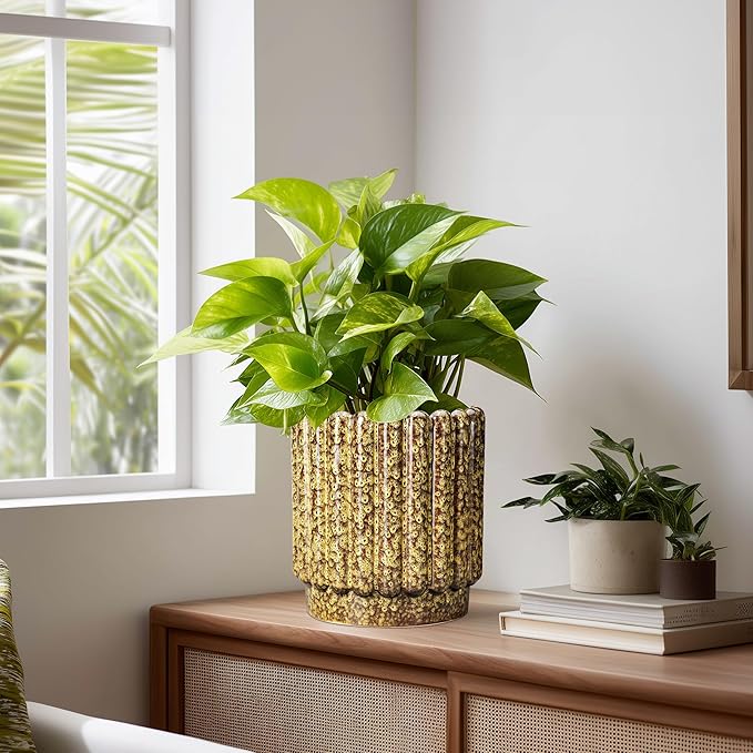 Ceramic Planter - 7.6 Inch Ceramic Plant Pots Indoor, Round Flower Pots with Drainage Hole, Fluted Decorative Outdoor Planters, Office Home Decor, Plant Lover Gifts, Yellow