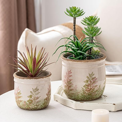 Vintage Pink and Green Ceramic Planter Set of 2, 4.7+5.7 Inch Rustic Flower Pots for Indoor Plants, Decorative Ceramic Plant Pots for Home, Living Room, Garden, Gardening Gift