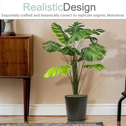 2.8ft Faux Monstera Deliciosa - Realistic Fade Resistant Foilage, No Maintenance, Large Indoor Artificial Plant in Black Metal Pot - Living Room, Home & Office Decor