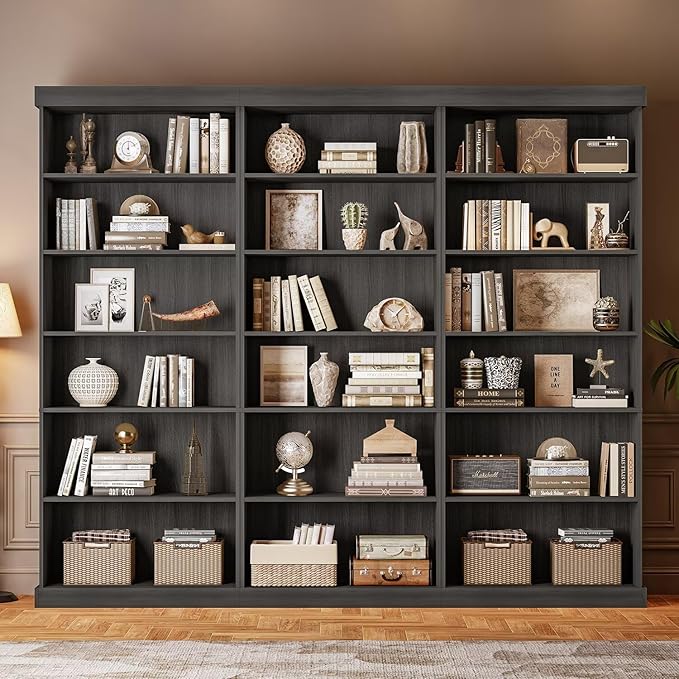 Vyre 70.8" Tall Black Bookshelf, Farmhouse Modular Bookcase with 6-Tier Adjustable Shelves, Large Storage Cabinet for Home Office, Living Room, Set of 3