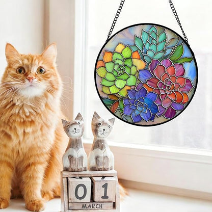 Stained Glass Window Hanging Colorful Succulents Large 15" - Flowers Suncatcher Door Garden Sun Catcher Home Decor Birthday Christmas for Mom Men Woman Friends Nana Wife