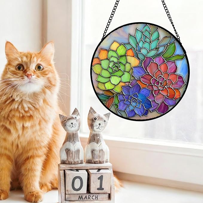 Stained Glass Window Hanging Colorful Succulents 6.3" - Flowers Suncatcher Door Garden Sun Catcher Home Decor Birthday Christmas for Mom Men Woman Friends Nana Wife