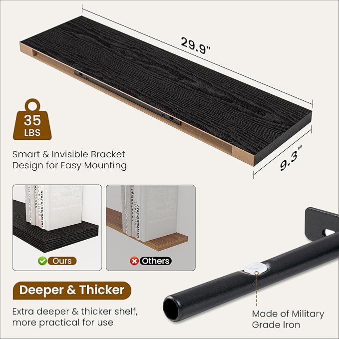 Fun Memories Floating Shelves for Wall, 30 Inch Rustic Wood Wall Mounted Shelves for Bathroom, Bedroom, Kitchen, Living Room, Deep Floating Shelves for Storage & Home Decor (Black, Set of 2)