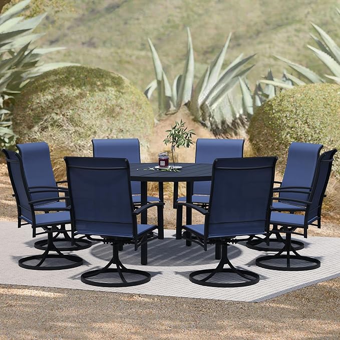 9 Piece Outdoor Dining Set, 60" Black Round Outdoor Dining Table with 8 Blue Swivel Patio Table and Chair Set of 8 for Lawn, Garden, or Porch