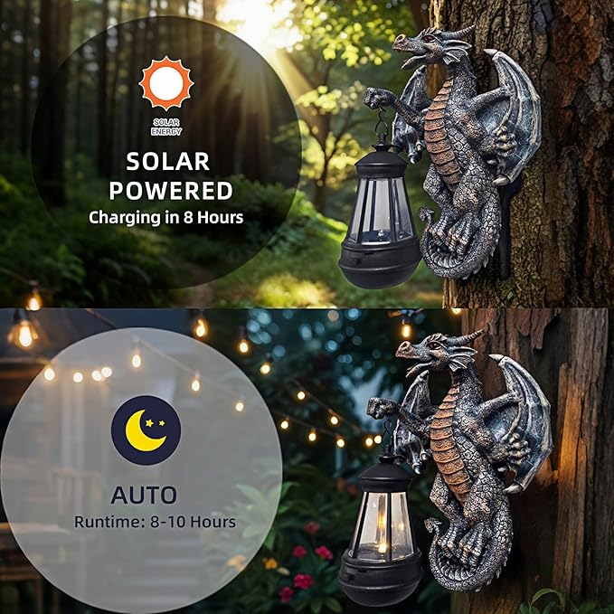Dragon Tree Hugger with Solar Lantern 10.4 Inch Dragon Lamp Decor Statue Garden Yard Outdoor Outside Thoughtful Gifts for Women Mom Grandma