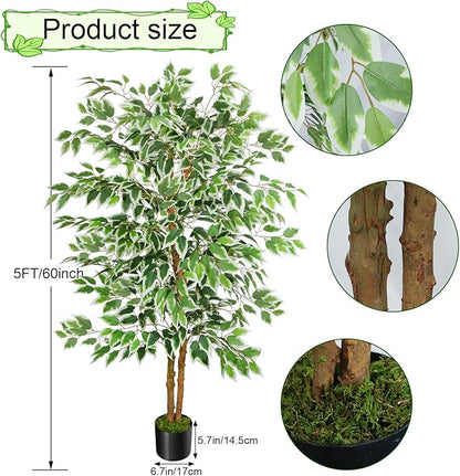 GTIDEA 2 Pcs 5ft Ficus Artificial Trees, Tall Faux Trees Indoor with Natural Trunk and Fake Silk Tree Fake Plants for Home Fall Decor Living Room Outdoor Balcony House Office (Included Dried Moss)