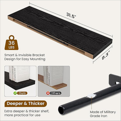 Fun Memories Floating Shelves for Wall, 32 Inch Rustic Wood Wall Mounted Shelves for Bathroom, Bedroom, Kitchen, Living Room, Deep Floating Shelves for Storage & Home Decor (Black, Set of 2)