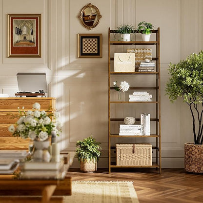 Ladder Shelf, 5-Tier Bookshelf, All Bamboo Heavy Duty Bookcase, Freestanding Open Wood Storage Rack, Modern Corner Display Plant Stand for Living Room, Home Office, Bathroom, Bedroom, Walnut
