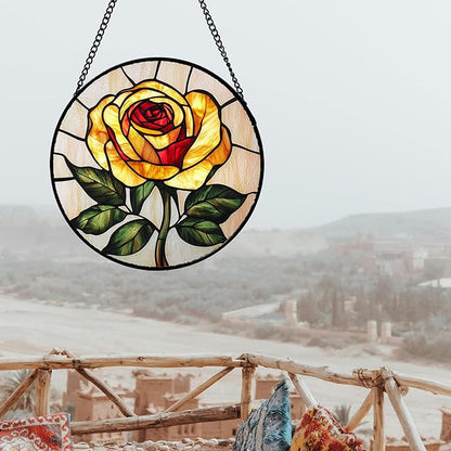 Stained Glass Window Hanging - Elegant Yellow Rose Flower Sun Catcher for Door Garden Home Decor Suncatcher Christmas Mother's Day Birthday Gifts for Women Mom Girl Nana Friend 9.8 in