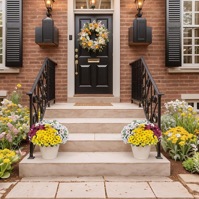 Artificial Fake Mums Flowers Plants for Outdoors ,12 Bundles Faux mums Mix Silk Glory UV Sun Resistant, Realistic Flowers for Planter Porch Patio Yard Balcony Home Decor (yellow/white/pink/red)