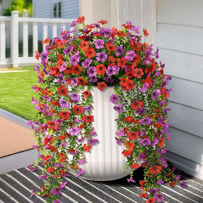 Fake Artificial Hanging Flowers for Outdoors, 2 Pcs Fake Hanging Plant Spring Summer Decor, UV Resistant No Fade Faux Silk Daisy Flower for Front Door Porch Planter Patio Yard Garden(Red Purple)